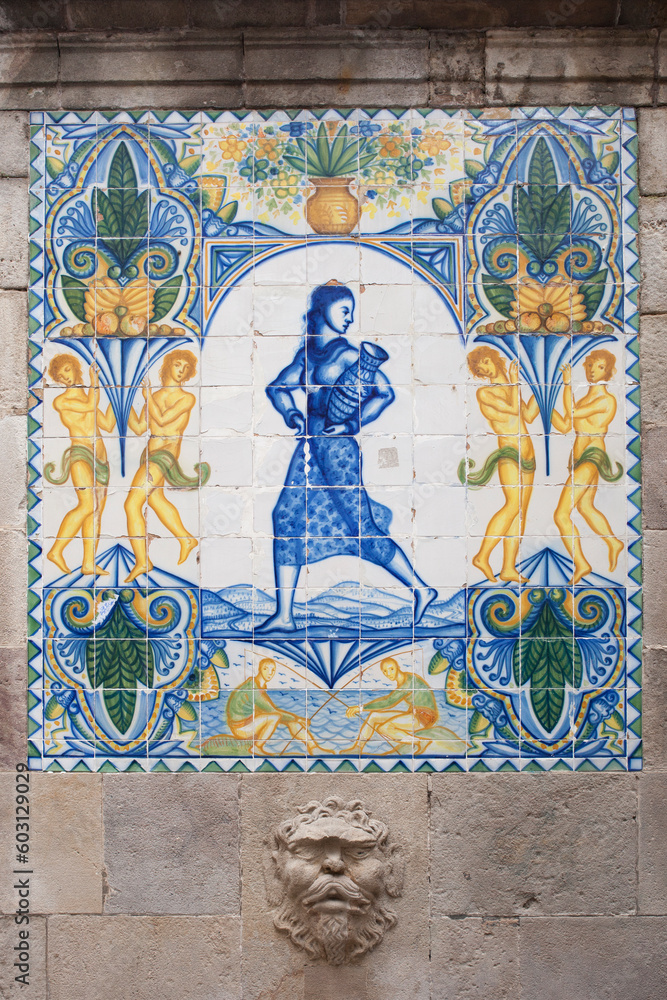 El Font de Santa Ana. Barcelonas Oldest Fountain, Spain. Tile glazed wall and relief