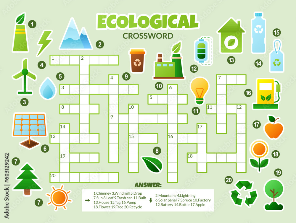 Vector ecological crossword for kids. Eco puzzle.