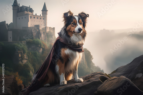 Australian Shepard with castle in the background, Generative AI