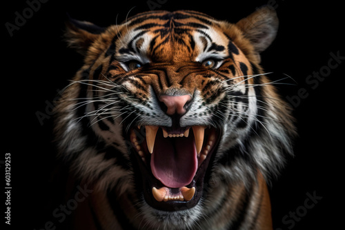 Fotografiet Close-up of an adult tiger growling, with its mouth open and showing its teeth in anger, on a black background