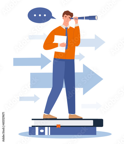 Man exploring concept. Young guy stands on books with spyglass. Education and training, selfdevelopment. Leadership and motivation, ambition and vision for future. Cartoon flat vector illustration