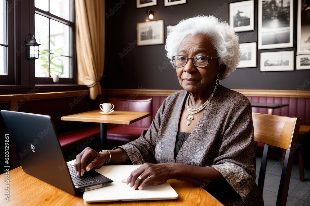 Old woman in cafe looks at laptop screen feels confused, difficulties with modern gadgets not understanding how it works, need assistance in learning to use devices and digital services. Generative AI Old woman in cafe looks at laptop screen feels confused, difficulties with modern gadgets not understanding how it works, need assistance in learning to use devices and digital services. Generative AI
