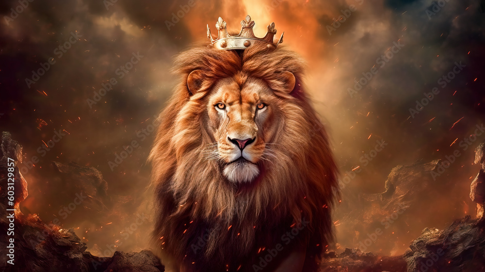 Lion of Judah, exuding strength and power. Christian conceptual illustration. AI generated image - obrazy, fototapety, plakaty 