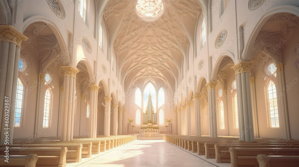 3D render of a celestial church, floating in a heavenly realm. Soft light bathes the interior, creating a peaceful and reverent atmosphere