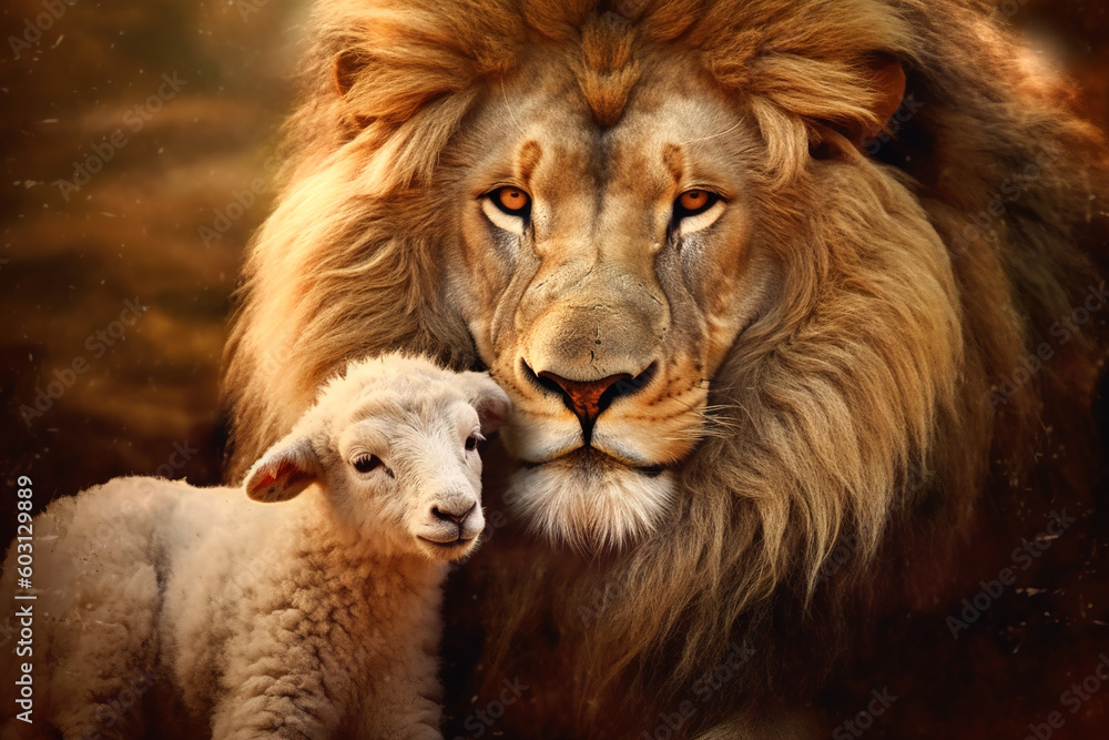 The Lion and the Lamb, Bible's description of the coming of Jesus Christ. AI-generated image