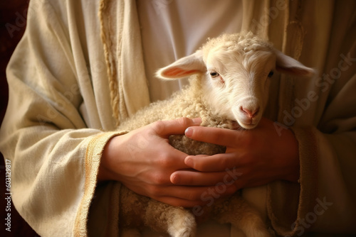 The hands of Jesus Christ gently holding a lamb. Conceptual image depicting a sense of protection and care. AI generated image