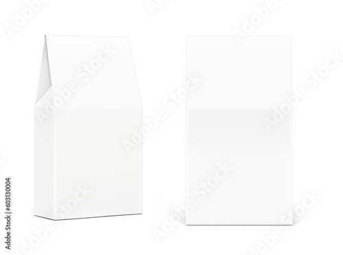 Realistic white cardboard box mockup with a triangle top. Half side and front views. Vector illustration isolated on white background. Ready for your design. EPS10.
