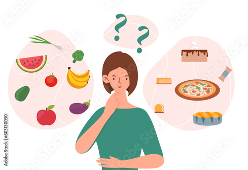 Food decision concept. Woman in green Tshirt stands near clouds with natural and junk eating. Health care and organic diet, proper nutrition. Cartoon flat vector illustration