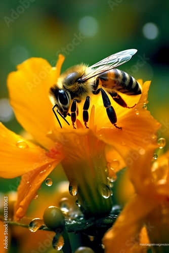 Bee sitting next to yellow flower and drop. AI generative