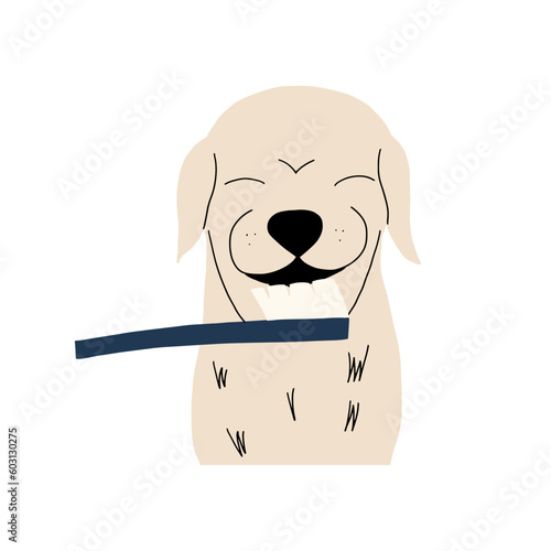 Canine dental care and hygiene. Labrador getting his teeth cleaned with a toothbrush. Vector illustration in hand drawn style