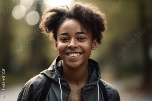 Cheerful black woman training in park. Created with artificial intelligence.