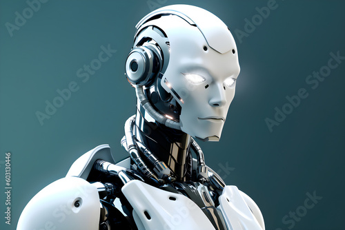 Futuristic white android close-up. Hi-tech AI robot.