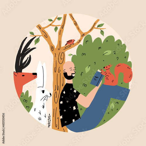 Restoration of natural habitats and wildlife. A man sits in a wild park and reads a book, surrounded by animals. Vector illustration