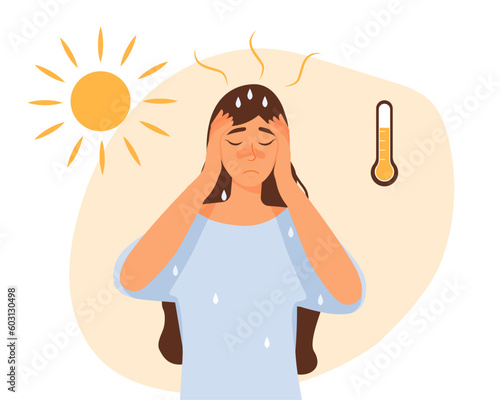 Hot weather concept. Woman stands in blue Tshirt under sun and sweats next to thermometer. hot summer day, sunstroke. Sweat, perspire, headache and dehydration. Cartoon flat vector illustration