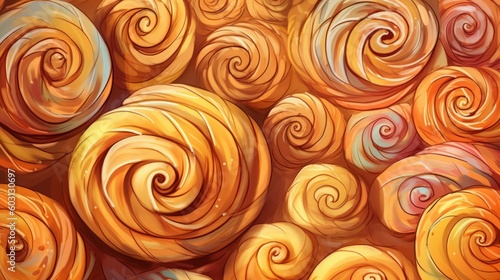 Freshly Baked Cinnamon Roll Cartoon Horizontal Background Illustration. Crusty Pastry  Gourmet Bakery. Ai Generated drawing Background Illustration with Aromatic Traditional Cinnamon Generative AI