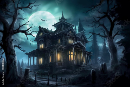 Creepy haunted mansion  spooky moonlit sky  trees in background with eyes shining from shadows. AI generative