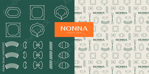 Set of editable line icons and pattern for pasta bar or restaurant branding