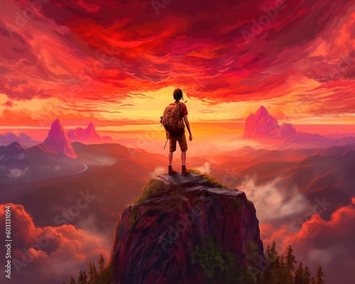 A man with backpack watches a red sunset on mountain. (Generative AI)