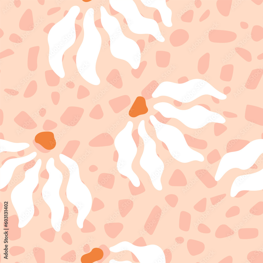 Groovy flower pattern. Naive matisse print, quirky and simple, pink 70s retro floral ornament, seventies or sixties geometric daisy background, 60s boho fabric, wallpaper. Vector seamless design Groovy flower pattern. Naive matisse print, quirky and simple, pink 70s retro floral ornament, seventies or sixties geometric daisy background, 60s boho fabric, wallpaper. Vector seamless design
