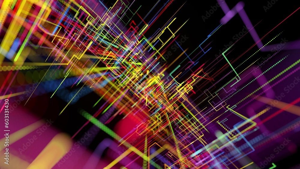 3d rendering sci-fi bg like abstract hologram. Multicolor neon glow lines form digital 3d space. Connection concept, visualization of multiple calculations of various branches neural network or AI