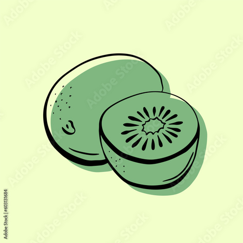 An colorful abstract kiwi fruit on green summer background. The icon is made in one line style and have a flat background. Stylish fruity green illustration, icon, background. Vector graphic.