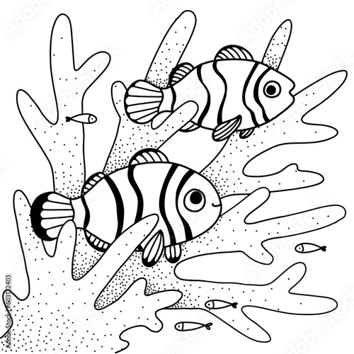 Clownfish swimming in the sea between corals. Underwater scene with cute fish character design. Coloring page for kids. Black and white, easy to print vector illustration.