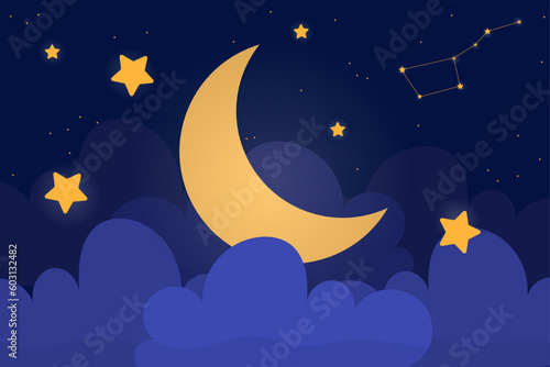 Night sky with crescent. Stars, constellations and moon near clouds. Beautiful natural landscape and panorama. Sleepiing and relaxing dreamy night. Cartoon flat vector illustration