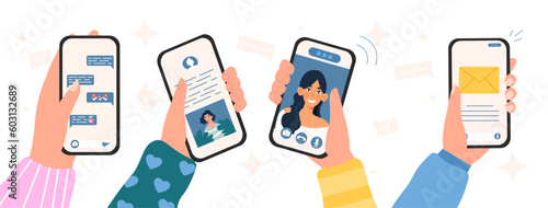 Phone conversation set. Collection of hands with smartphones. Communication in social networks and instant messengers, interaction. Cartoon flat vector illustrations isolated on white background