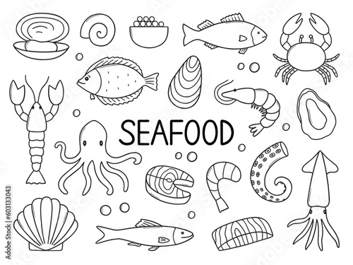 Seafood doodle set.  Octopus  lobster  fish  shrimp  oysters  crab  squid in sketch style. Hand drawn vector illustration isolated on white background