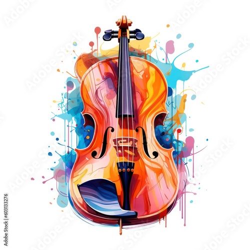 Abstract musical design with violin and colorful splashes, notes and waves on a white background. Colorful violin. watercolor style.Generative AI