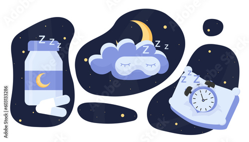 Set of sleep. Melatonin pills, cloud in sleep mask and pillow with alarm clock. Collection of ight insomnia and sleep problems. Cartoon flat vector illustrations isolated on white background