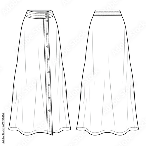 A-line skirt with front button closure front and back view vector illustration mockup template