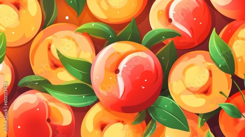 Fresh Organic Nectarine Fruit Cartoon Horizontal Background Illustration. Healthy Vegetarian Diet. Ai Generated drawing Background Illustration with Delicious Juicy Nectarine Fruit. Generative AI photo