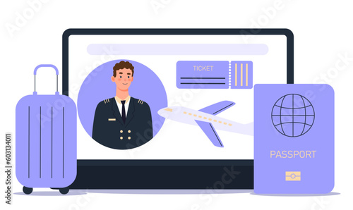 Travel or immigration. Man in suit next to ticket and plane. Flights and travel, documents and luggage. Online service for tourism. Holiday and vacation. Cartoon flat vector illustration