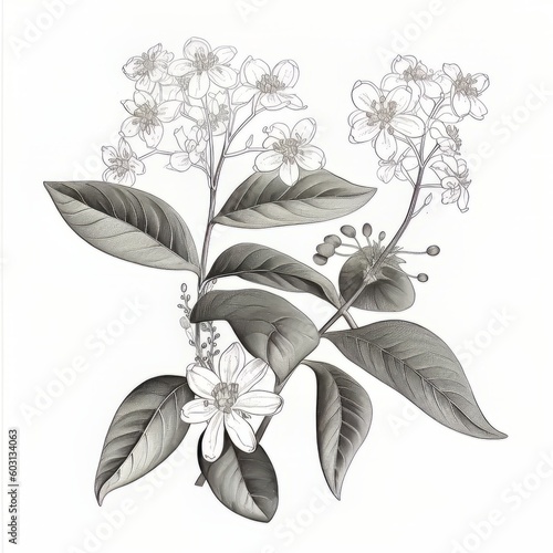 A drawing of a flower with the leaves