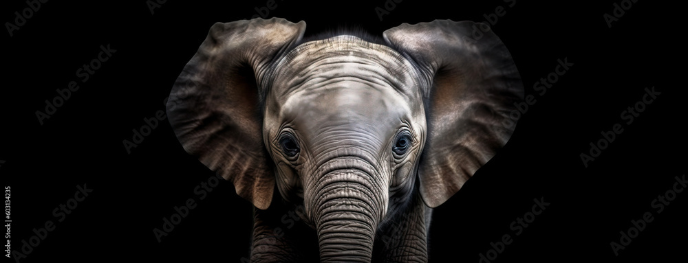 Baby Elephant, Intense Encounter.  Witness the Power and Gentleness of a Baby Elephant's Close-Up Head and Face Against a Black Background.  Generative AI. 