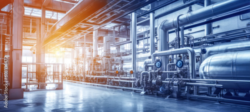 Large steel industrial tanks with metal pipes around, inside hydrogen production factory hall as imagined by Generative AI