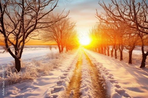 scenic snowy road with a beautiful sunset in the background Generative AI © AkuAku