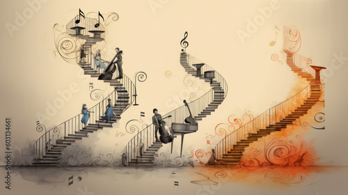 abstract background .musician on the stairs going up with musical signs floating in the air. the concept of creating music and melody. Generative AI