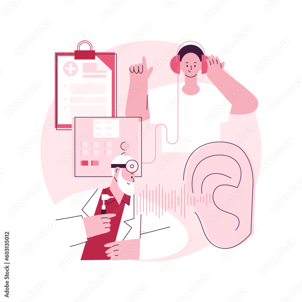 Hearing screening abstract concept vector illustration. Hearing loss evaluation quick test, ear problem screening, diagnosis, sound signal, disability detection, audiologist abstract metaphor. Hearing screening abstract concept vector illustration. Hearing loss evaluation quick test, ear problem screening, diagnosis, sound signal, disability detection, audiologist abstract metaphor.