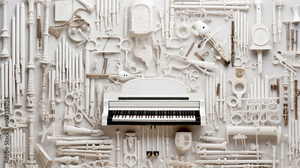 abstract white background with elements of musical instruments and ...