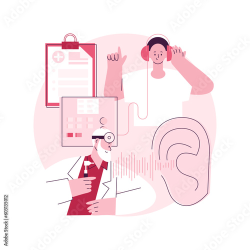 Hearing screening abstract concept vector illustration. Hearing loss evaluation quick test, ear problem screening, diagnosis, sound signal, disability detection, audiologist abstract metaphor.
