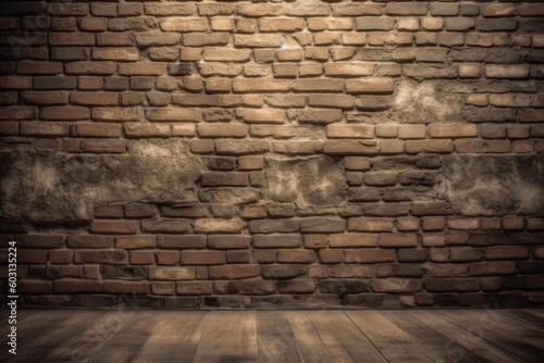 brick wall with a wooden floor in front of it Generative AI
