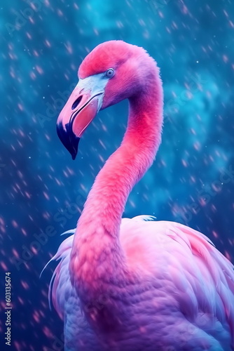 Portrait of a flamingo on a neon blue pink background. Emotive portrait. Looking at the camera Generative AI