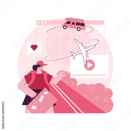 Traveling the world abstract concept vector illustration. Worldwide adventure, holiday trip, hitchhiking, travel blog, luggage bag, foreign country, plane departure, destination abstract metaphor.