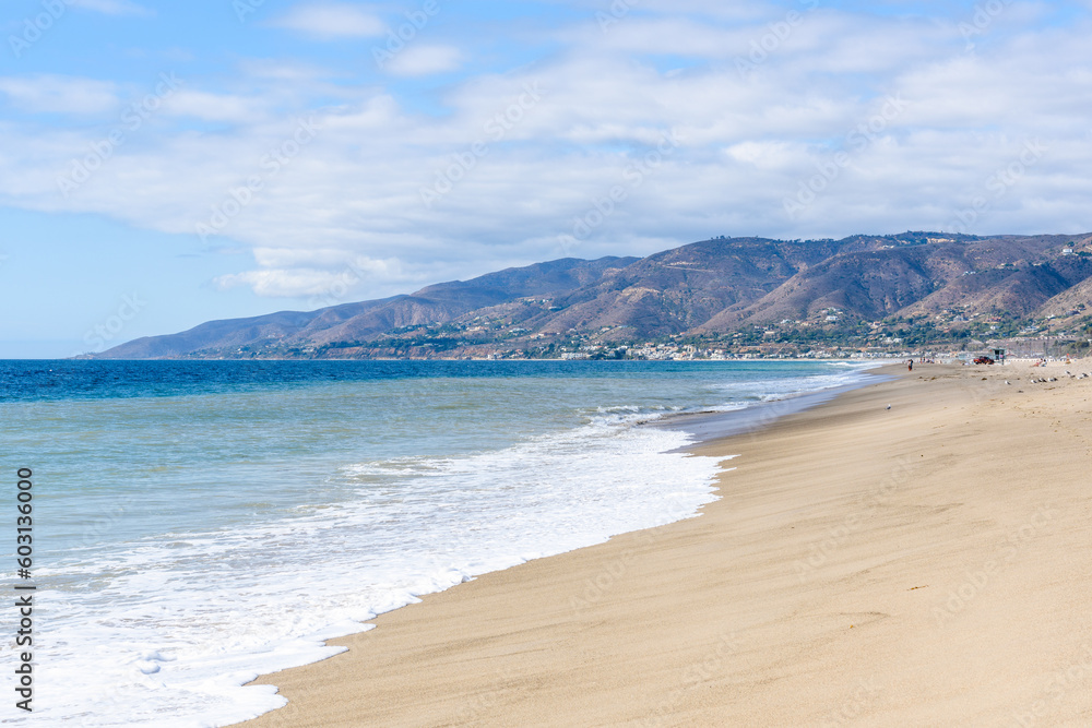 Beautiful Zuma beach in malibu, CA, on a partly cloudy autumn day