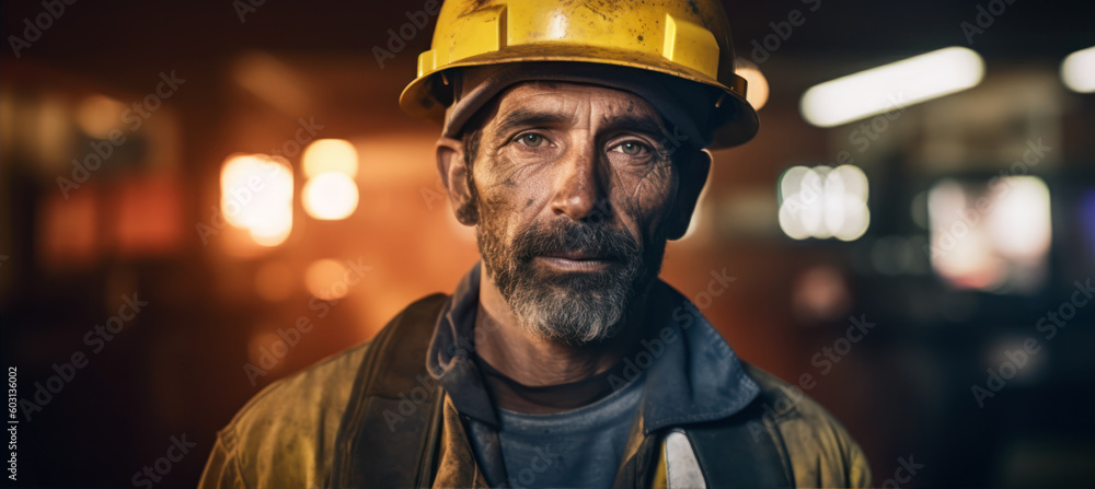 Caucasian man with face dirty, helmet on his head, dark background to emphasise deep mine - natural resource miner, concept of hard working conditions mining industry. Generative AI Caucasian man with face dirty, helmet on his head, dark background to emphasise deep mine - natural resource miner, concept of hard working conditions mining industry. Generative AI