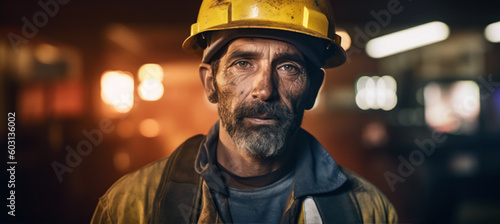 Caucasian man with face dirty, helmet on his head, dark background to emphasise deep mine - natural resource miner, concept of hard working conditions mining industry. Generative AI