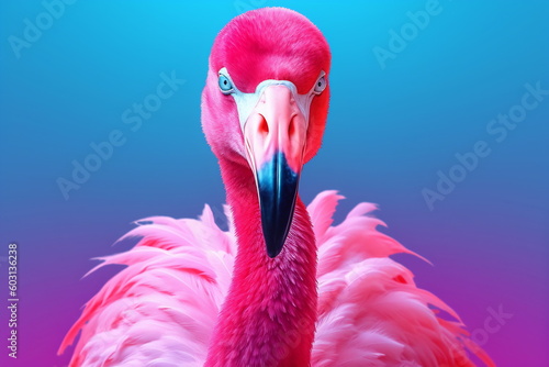Portrait of a flamingo on a neon blue pink background. Emotive portrait. Looking at the camera Generative AI