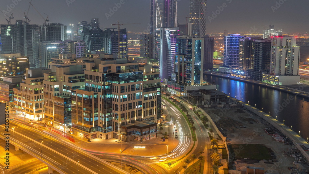 Bay Square district day to night timelapse with mixed use and low rise complex office buildings located in Business Bay in Dubai